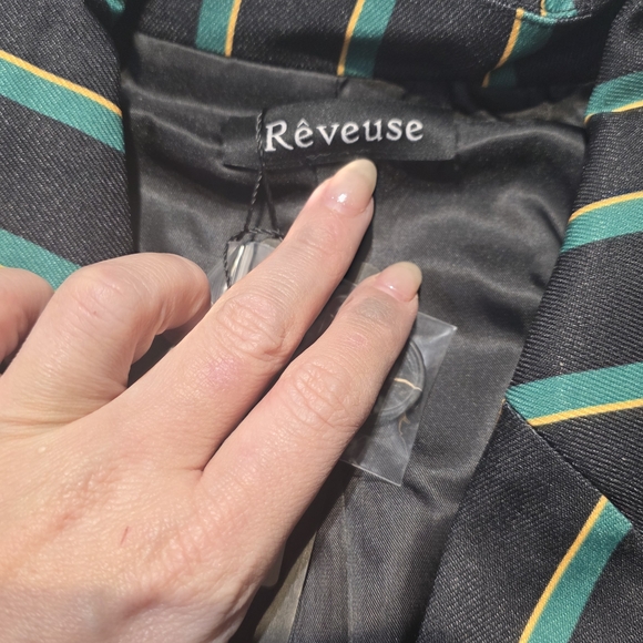Reveuse NWT Elegant Black and Green Striped Women's Blazer S/M/L/XL - Picture 6 of 13